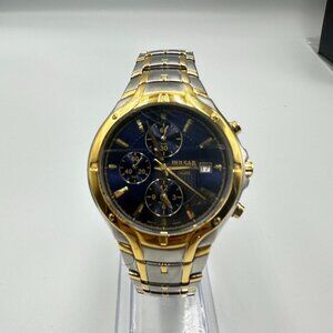 Pulsar Chronograph Watch Men Silver Gold Two-Tone Blue Dial New Battery 8.25"